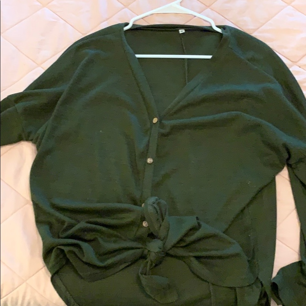 Olive green, front tie, waffle sweater
